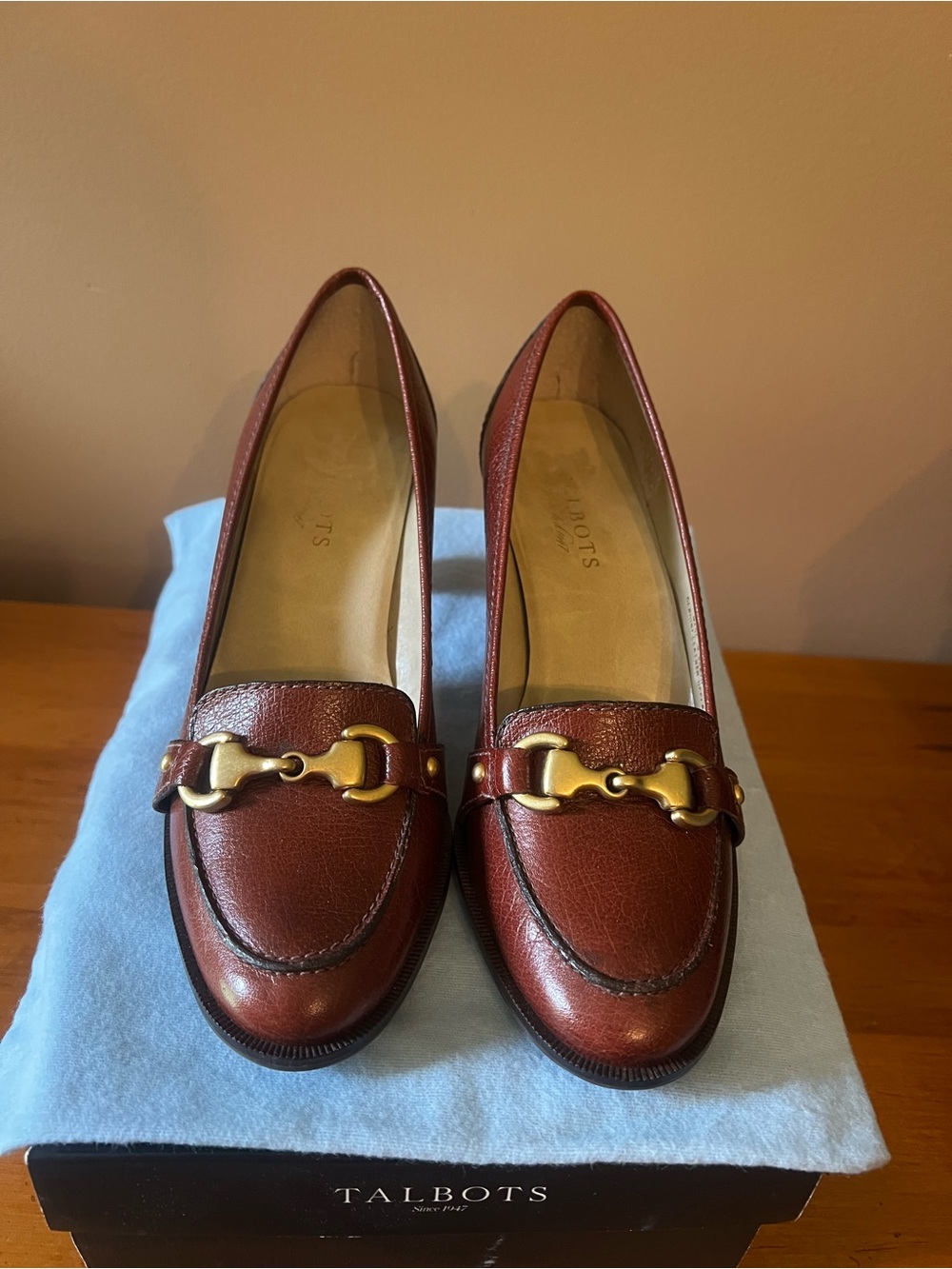 Talbots Brown Leather Loafers with Gold-Tone Bit